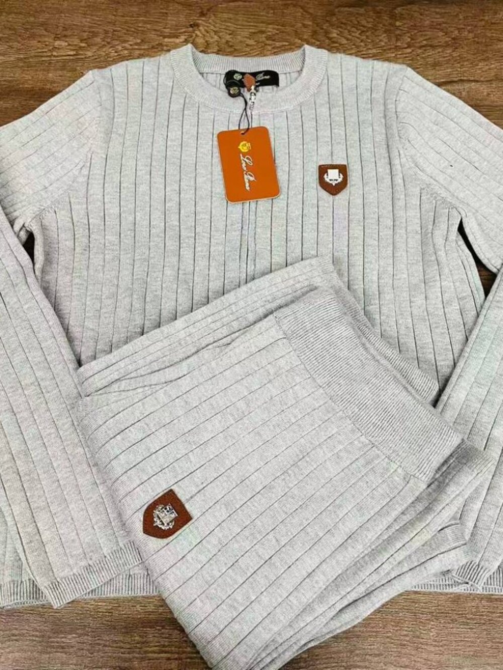 Loro Piana Grey Ribbed Knit 2‑Piece Set Zip Jacket & Knit Pants